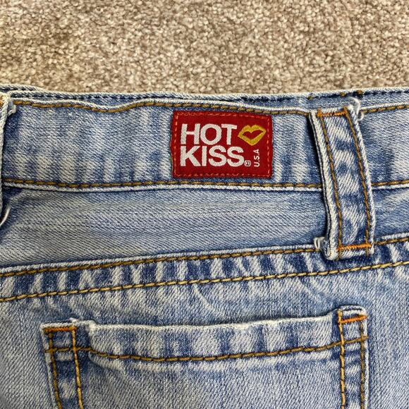 Y2K 00s Vtg Distress Hot Kiss Denim Mini Skirt 9 Frayed Hem Embroidered Low rise - Picture 7 of 12
